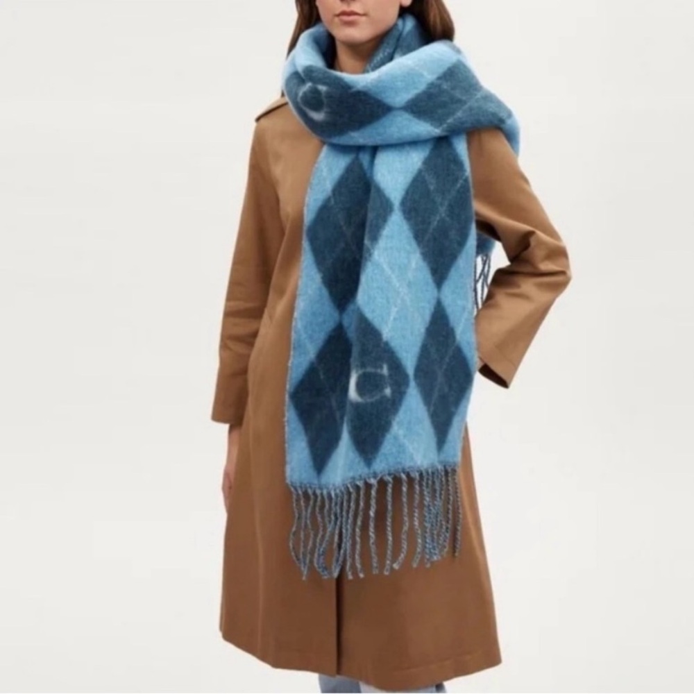 Coach Blue Argyle Fringe Wrap Scarf